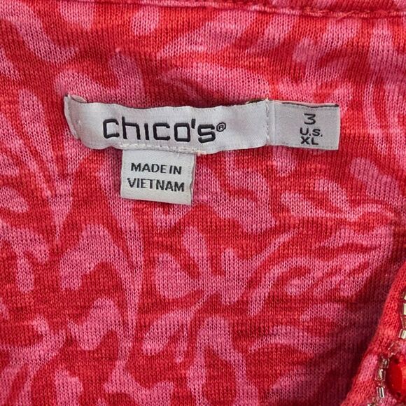 Chico’s Size 3 XL Reef Pink Red Linen Beaded Embellished Split Neck Tunic Top - Picture 10 of 14